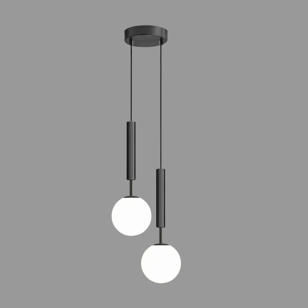 Black two-head cylindrical pendant light with two round white globe glass shades