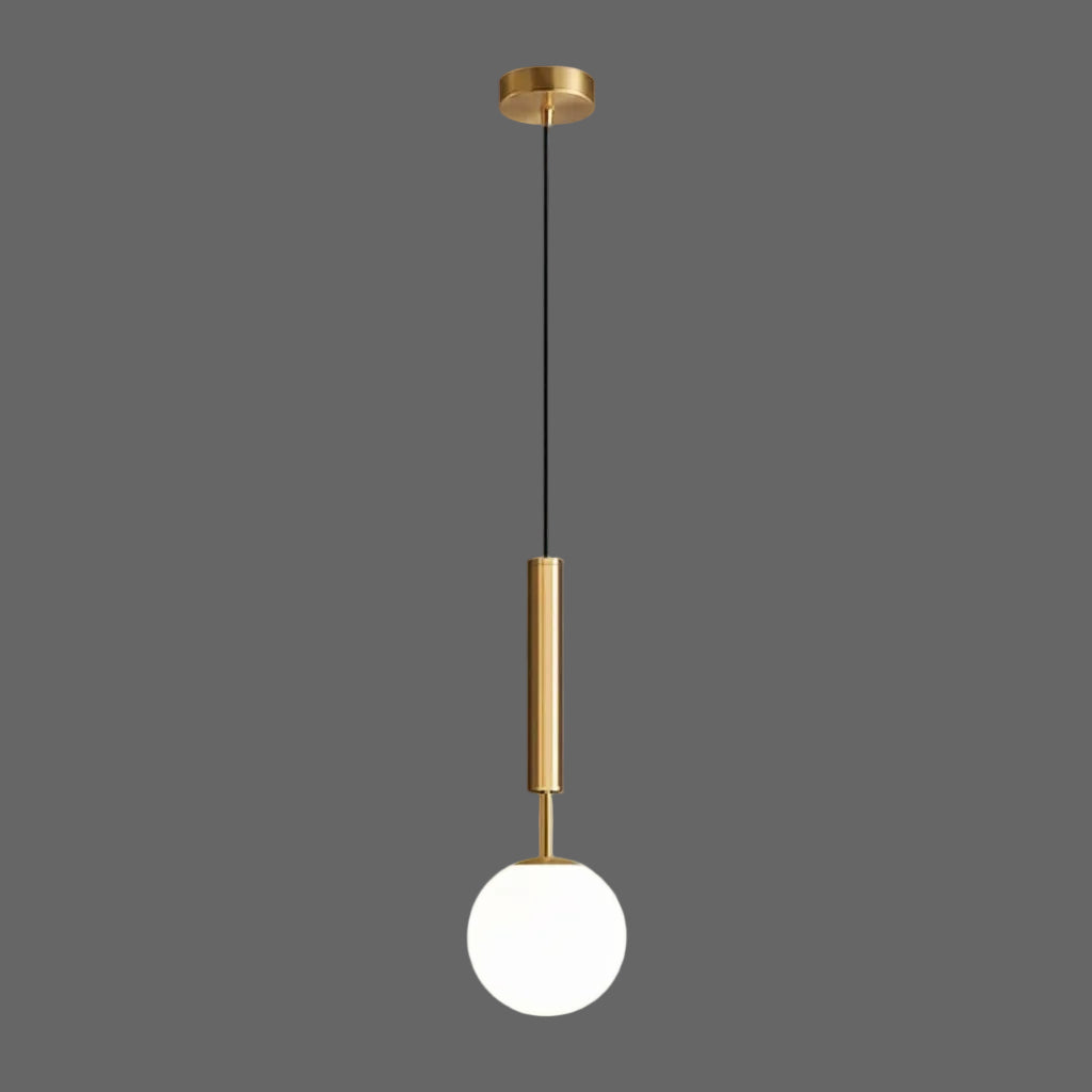 Gold cylindrical pendant light with round white globe glass shade and ceiling plate