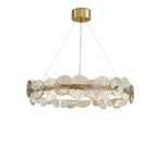Gold canopy petal disc chandelier with ribbed circular tier and hanging glass disc shades