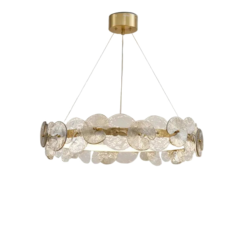 Gold canopy petal disc chandelier with ribbed circular tier and hanging glass disc shades