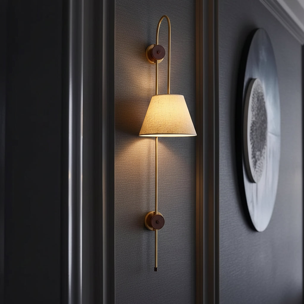 Swan-neck wall light with fabric shade and brass frame with two circular mounts