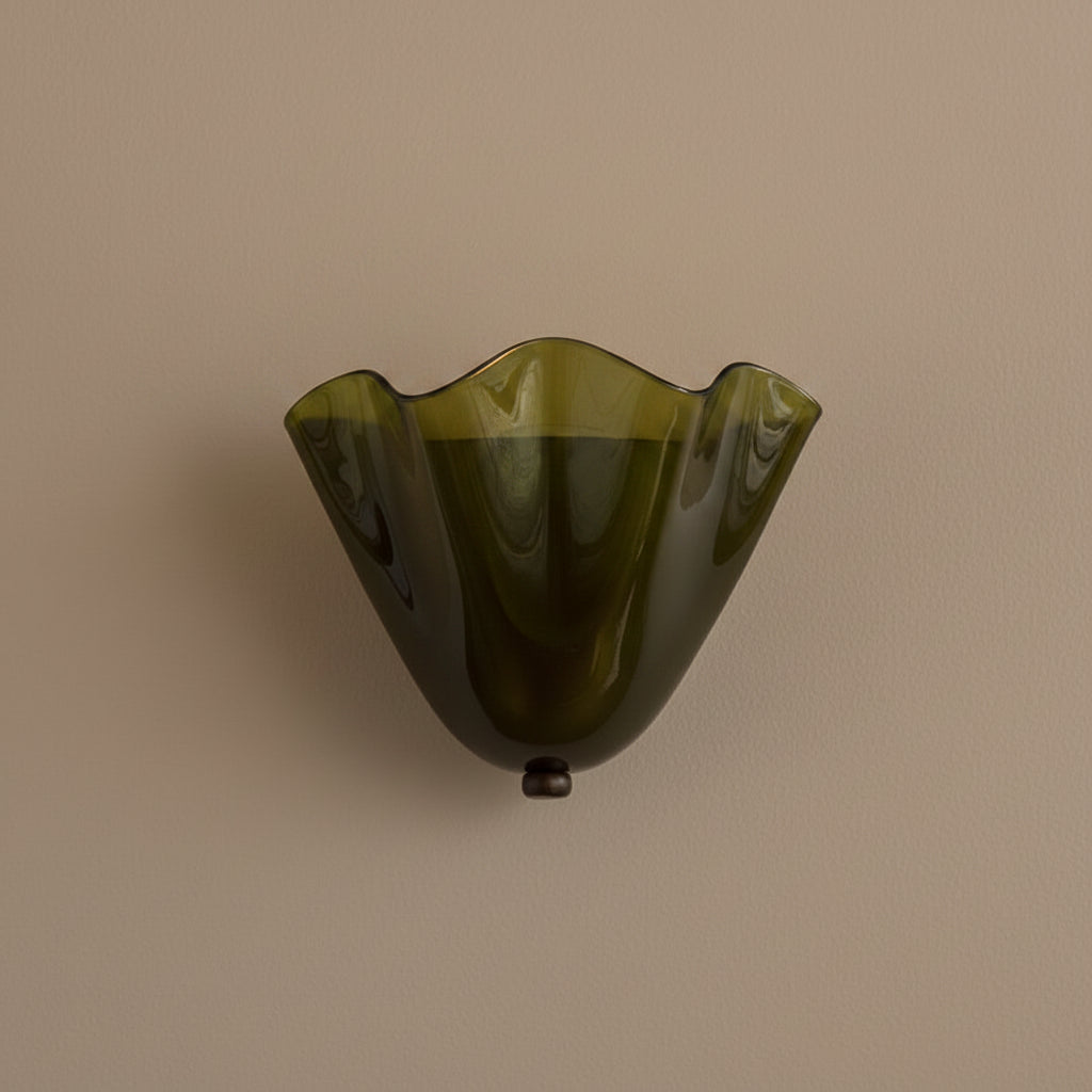 Green scalloped wave glass wall light with dark mounting base