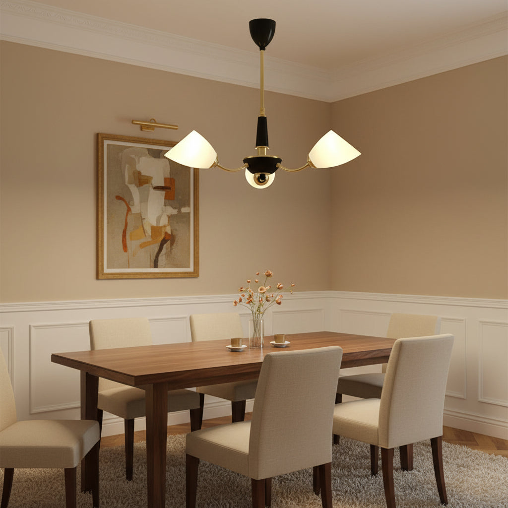 Angled cone chandelier with black canopy, gold arms, and three white cone shades