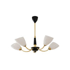 Angled cone chandelier with black canopy, gold arms, and five white cone shades