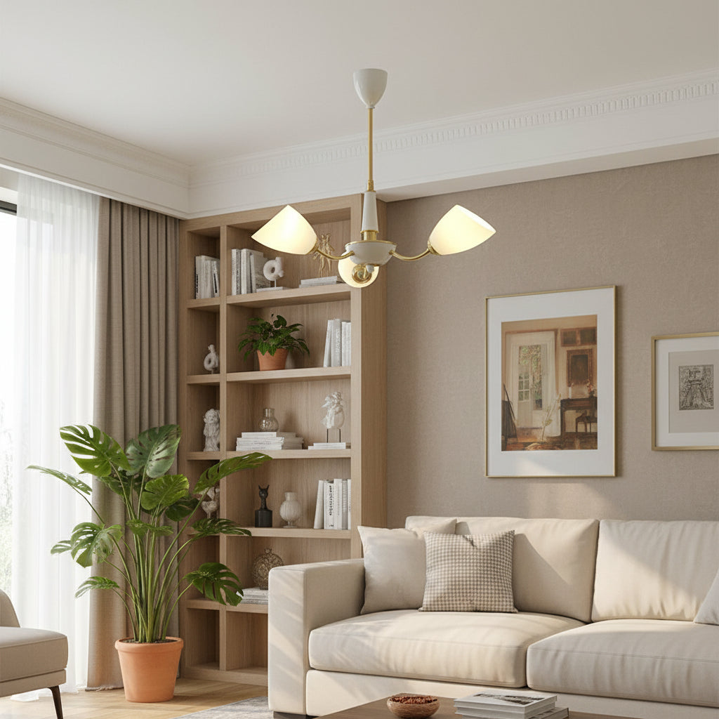 Angled cone chandelier with white canopy, gold arms, and three white cone shades