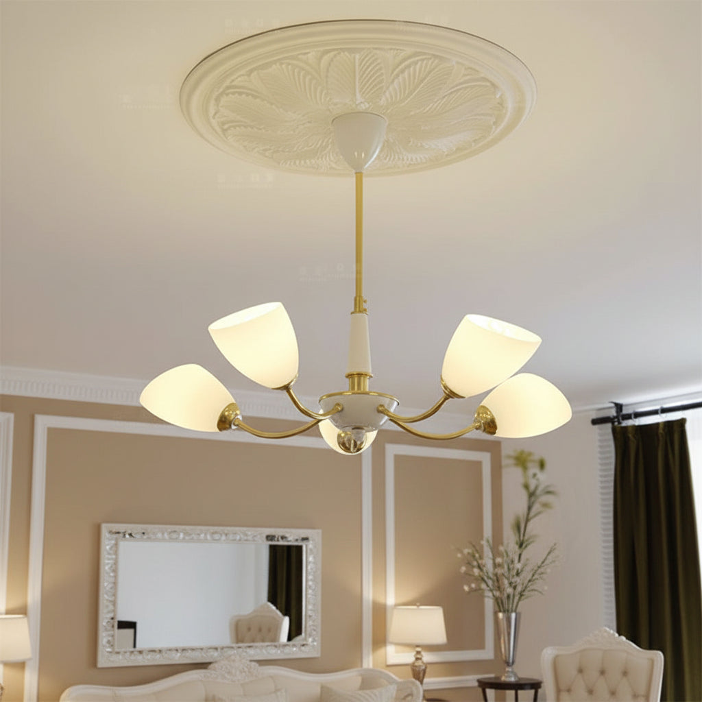 Angled cone chandelier with gold arms and multiple white cone shades