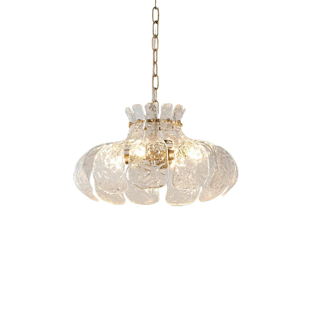 Ripple-textured glass chandelier shade with scalloped petal design, suspended on chain.