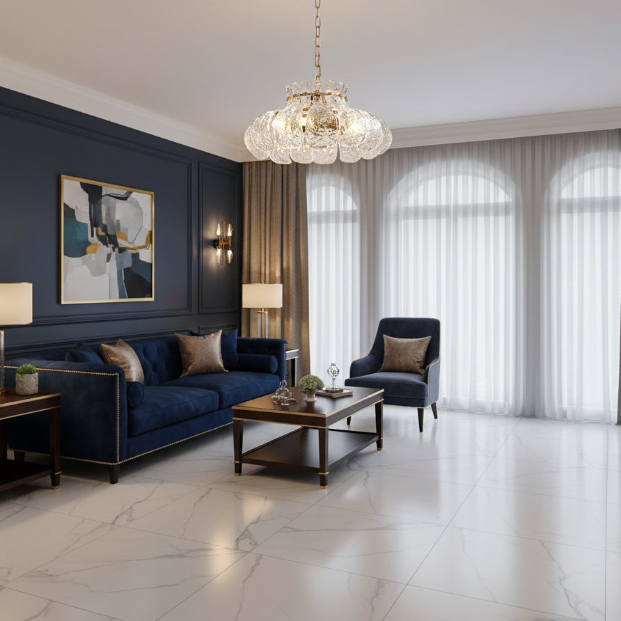 Glass petal chandelier with ripple texture and scalloped edges, centered ceiling chain.
