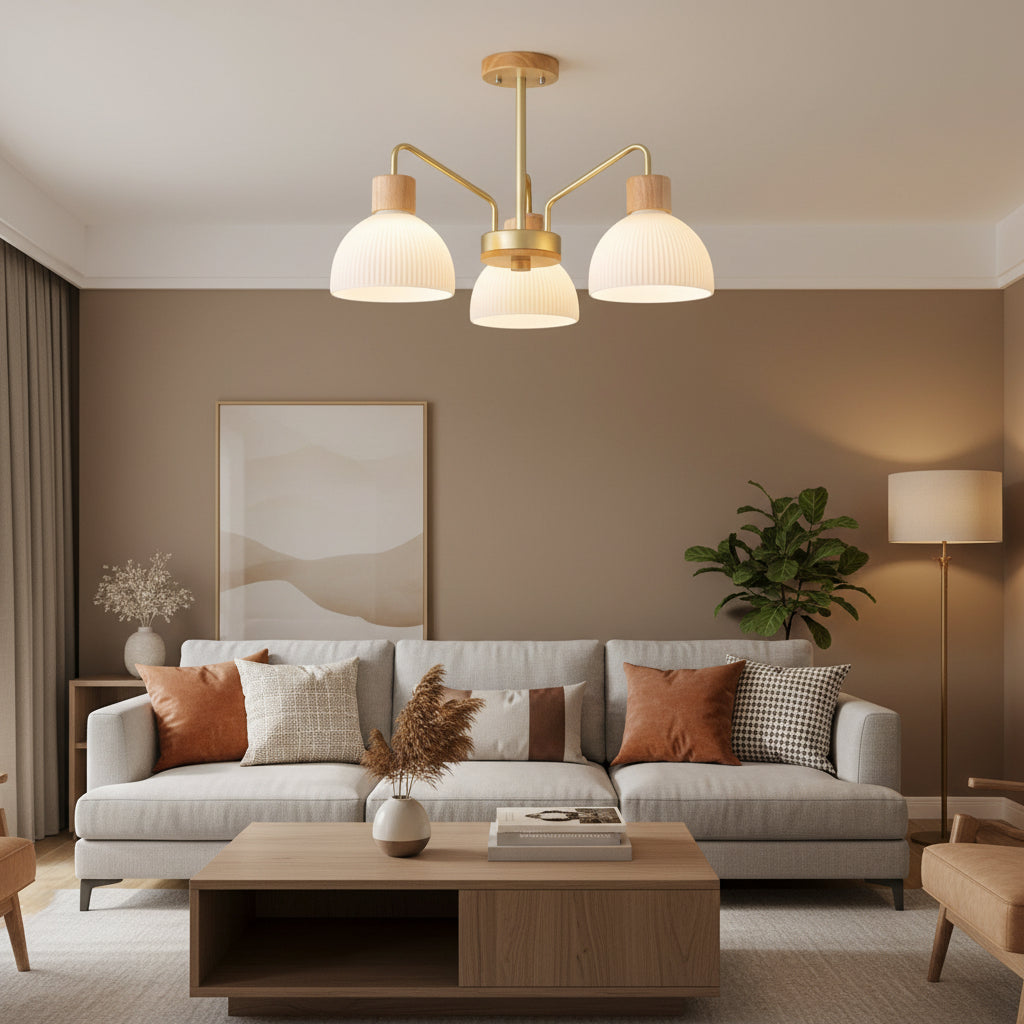 Nordic 3-light branch chandelier with ribbed white glass shades and gold arms