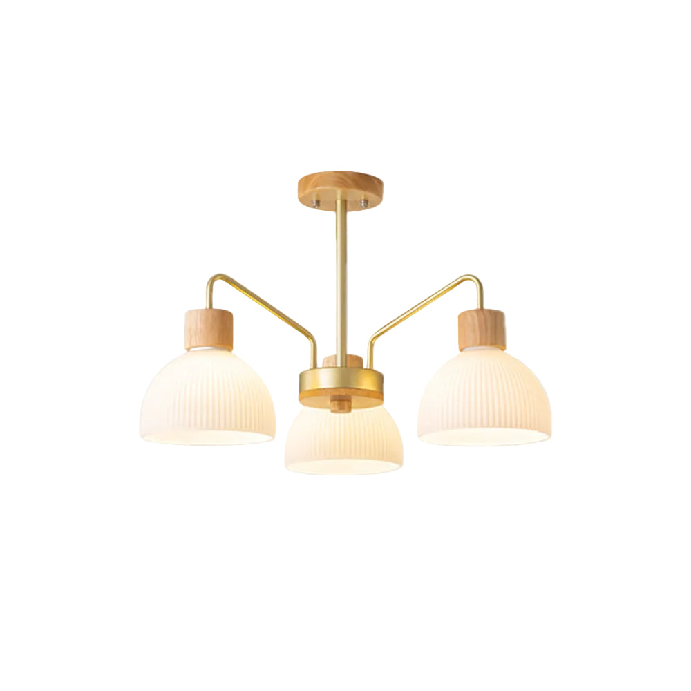 3-light branch chandelier with ribbed white glass shades, gold frame, and light wood caps