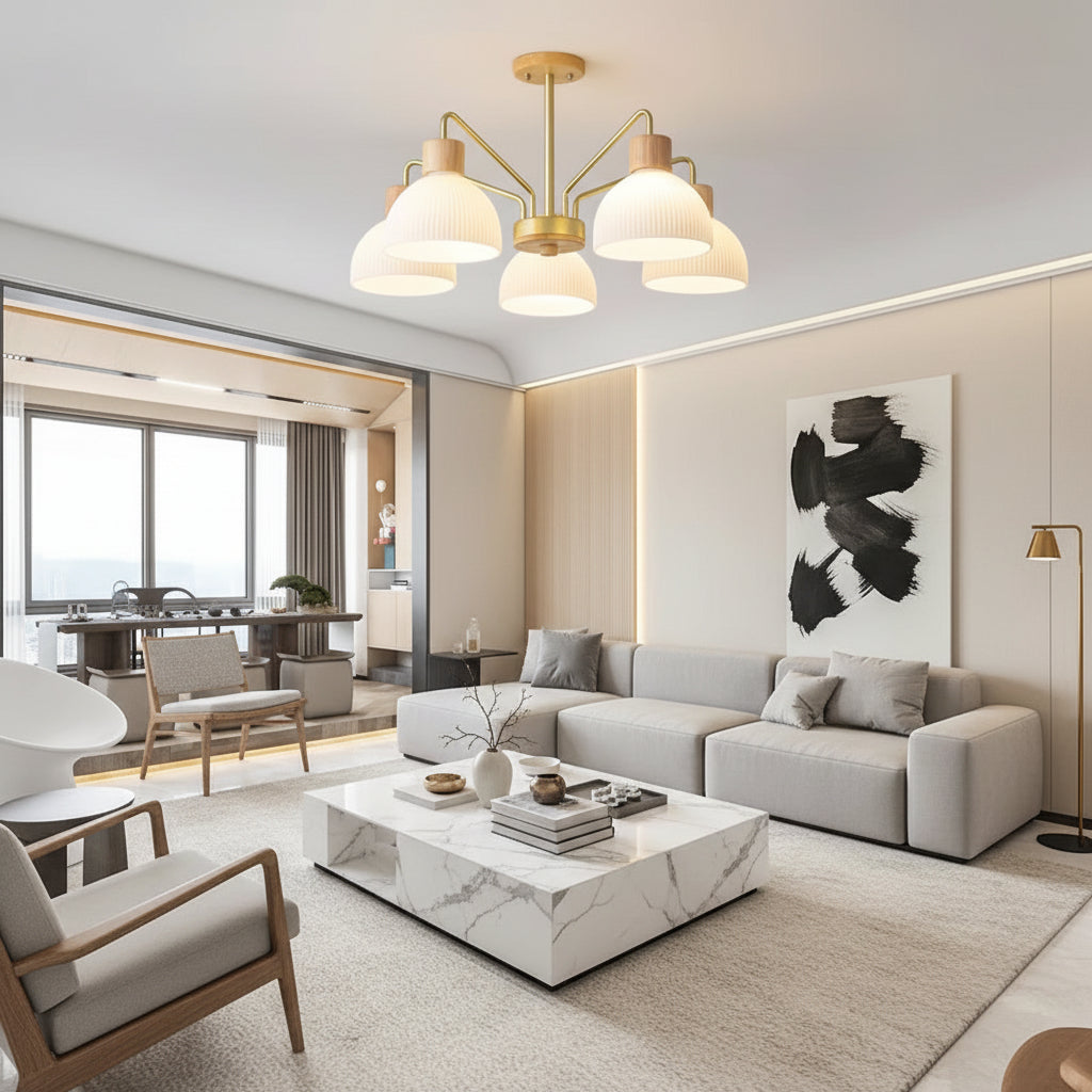 5-light multi-arm chandelier with ribbed white glass shades, gold arms, and wood accents