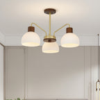 5-light multi-arm chandelier with ribbed white glass shades and wood caps