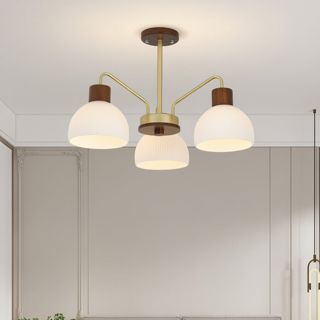 5-light multi-arm chandelier with ribbed white glass shades and wood caps