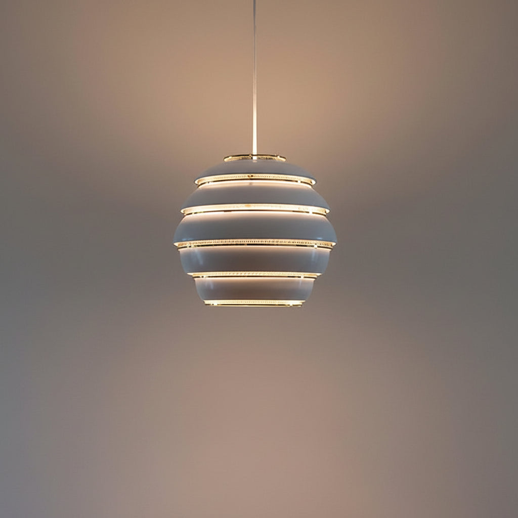 Layered beehive pendant light: white glass with gold ring accents
