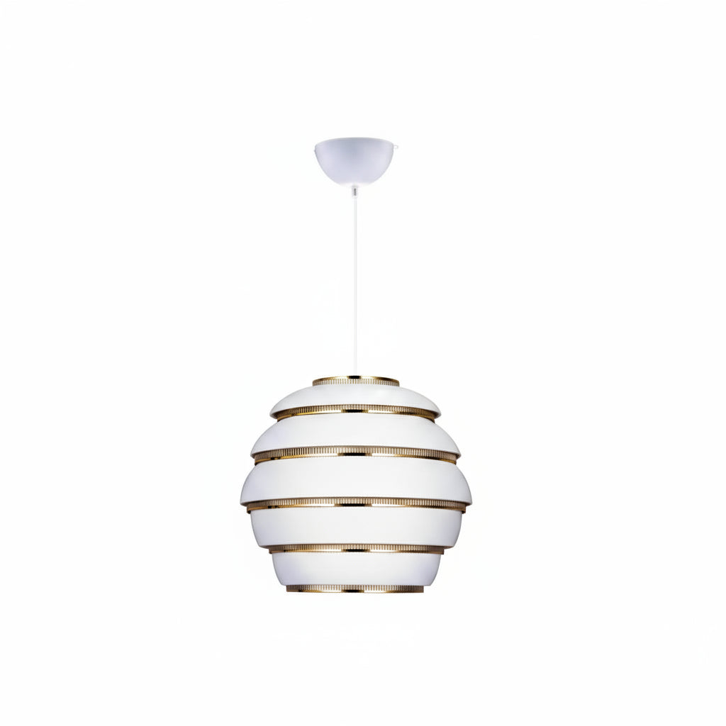 Layered beehive pendant light: white diffuser with gold horizontal bands