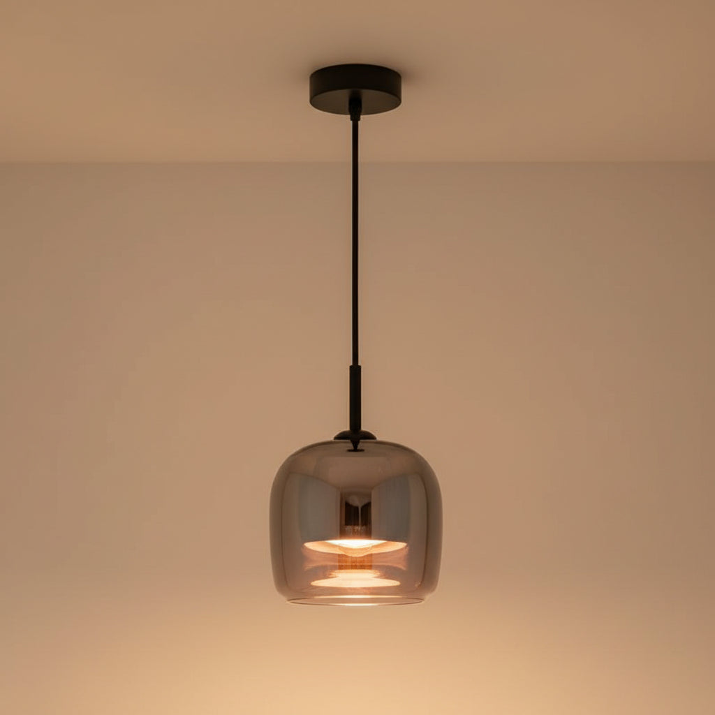 Smoked glass cube pendant light with black stem and flush ceiling canopy
