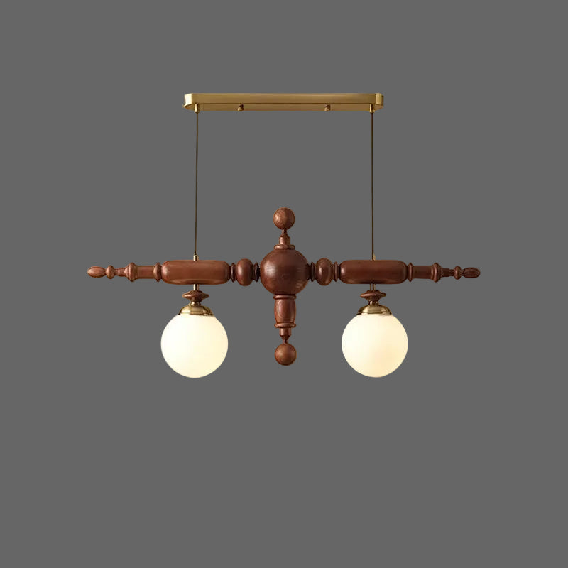 Walnut linear spindle-ball chandelier with 2 frosted glass globe lights