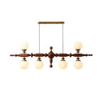 Walnut linear spindle-ball chandelier with 6 frosted glass globe lights