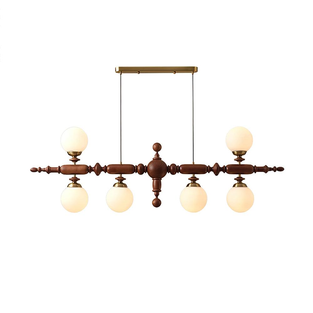 Walnut linear spindle-ball chandelier with 6 frosted glass globe lights