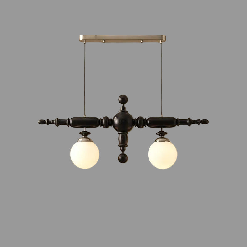 Black linear spindle-ball chandelier with 2 frosted glass globe lights