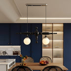 Black spindle-ball linear chandelier with 2 frosted glass globe lights
