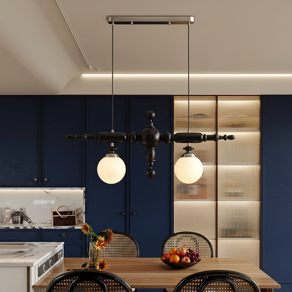 Black spindle-ball linear chandelier with 2 frosted glass globe lights
