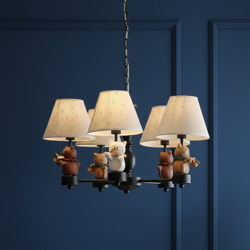 Black conical multi-arm hanging chandelier with fabric shades and cat figurines