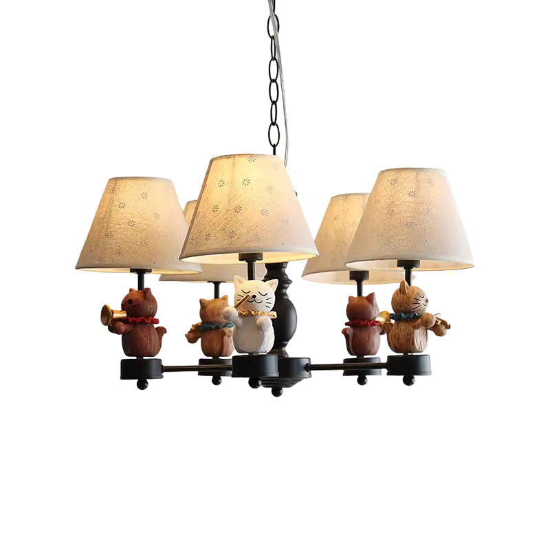 White conical multi-arm hanging chandelier with fabric shades and cat figurines