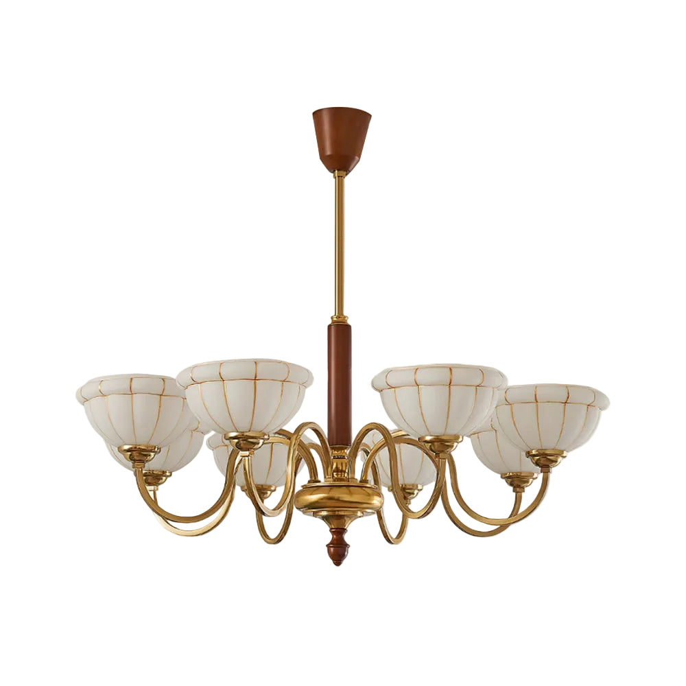 Gold 5-light chandelier with curved arms and five off-white glass shades