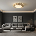 Nordic ceiling light, round scalloped wood panels with warm white glow