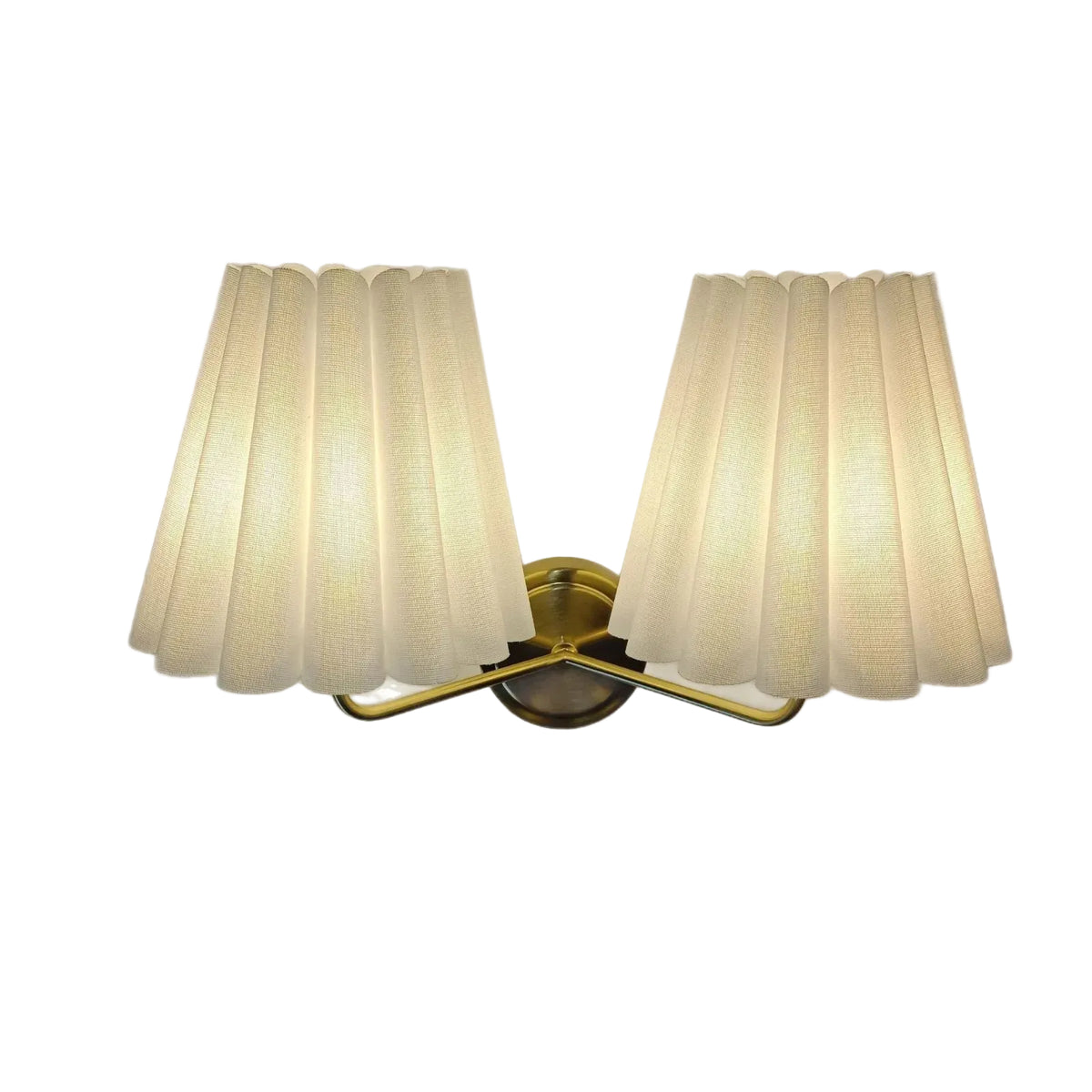 Double-head fabric wall lamp with two pleated cream shades and gold U-shaped arms