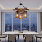 Hanging cage chandelier with dark metal chain, wood slatted frame and four warm lanterns