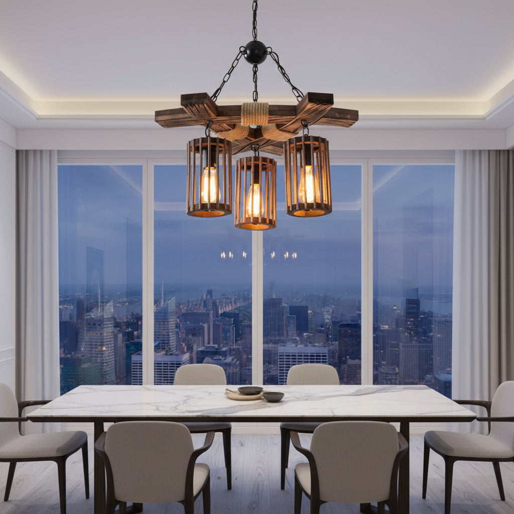 Hanging cage chandelier with dark metal chain, wood slatted frame and four warm lanterns