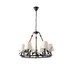 Bird chandelier with hemp-rope hanging ring, dark metal frame, white fabric drum shades