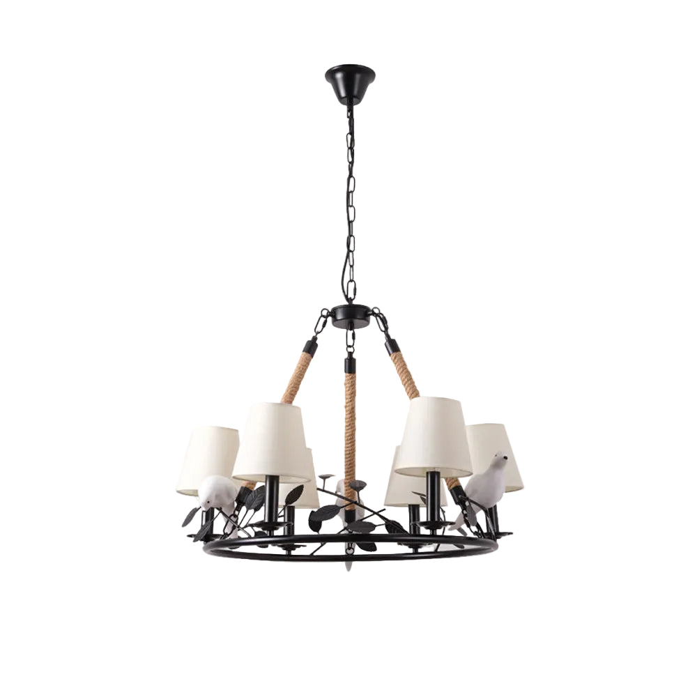 Bird chandelier with hemp-rope hanging ring, dark metal frame, white fabric drum shades