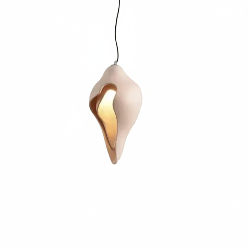 Conch shell pendant light with white exterior and gold inner glow, teardrop form