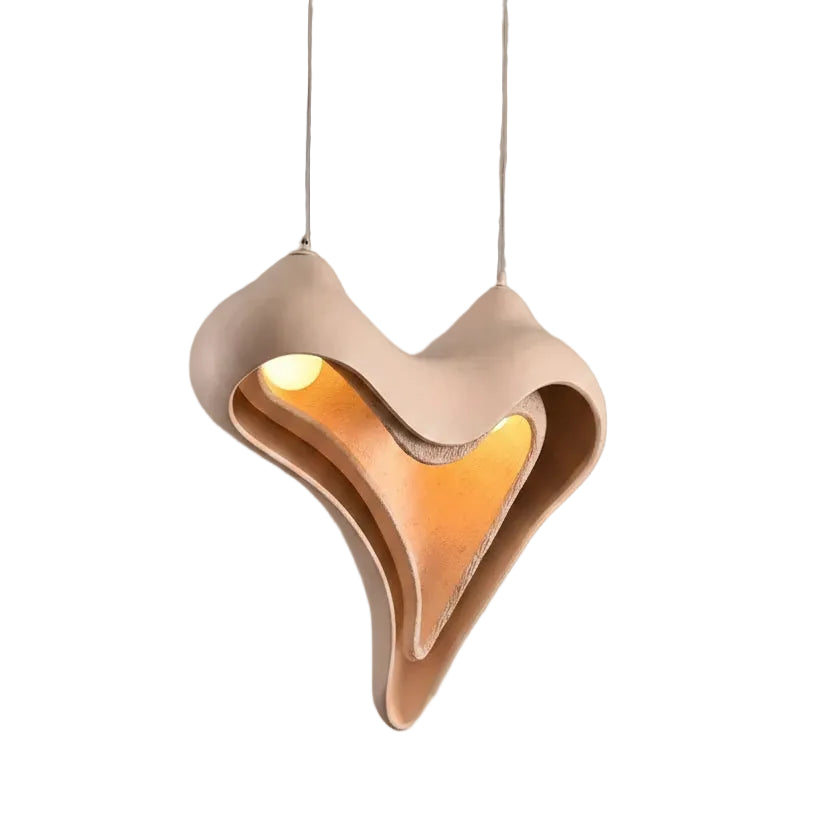 Heart-shaped layered conch pendant light with warm light glow inside, white outer