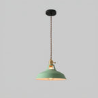 Vintage barn pendant light with green metal shade and exposed bulb socket