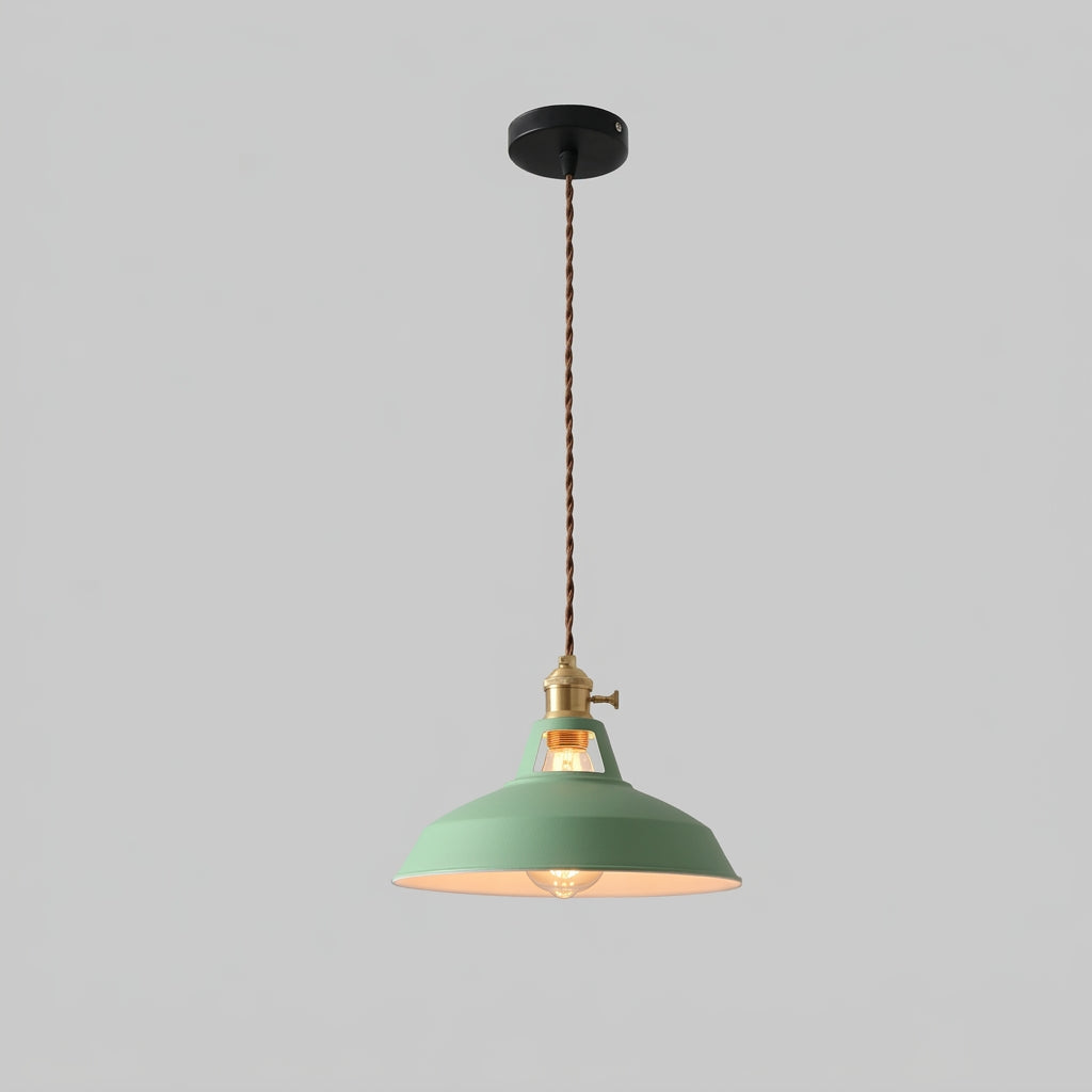 Vintage barn pendant light with green metal shade and exposed bulb socket