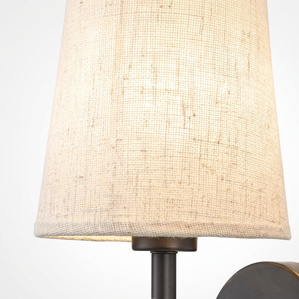 Conical fabric wall light shade with dark metal wall mount collar