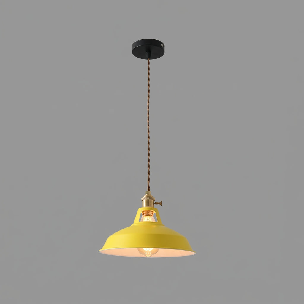 Vintage barn pendant light with yellow metal shade and exposed bulb socket