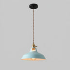 Vintage barn pendant light with light blue metal shade and exposed bulb socket