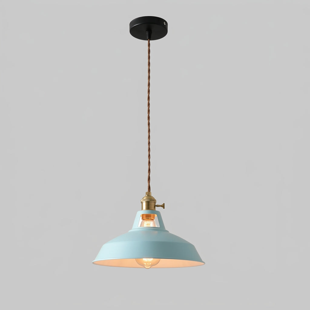 Vintage barn pendant light with light blue metal shade and exposed bulb socket