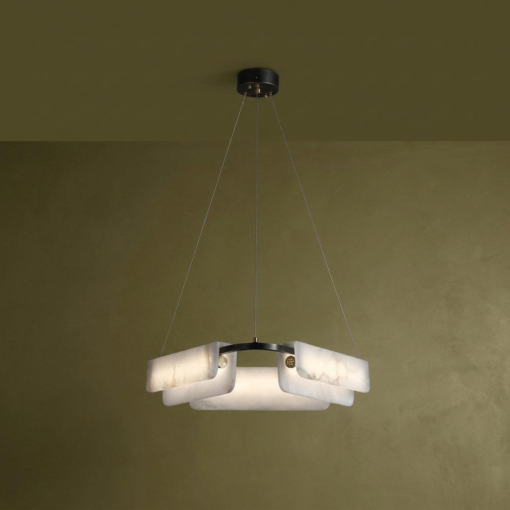 Alabaster-style pendant ring chandelier with black canopy and four hanging frosted light bars