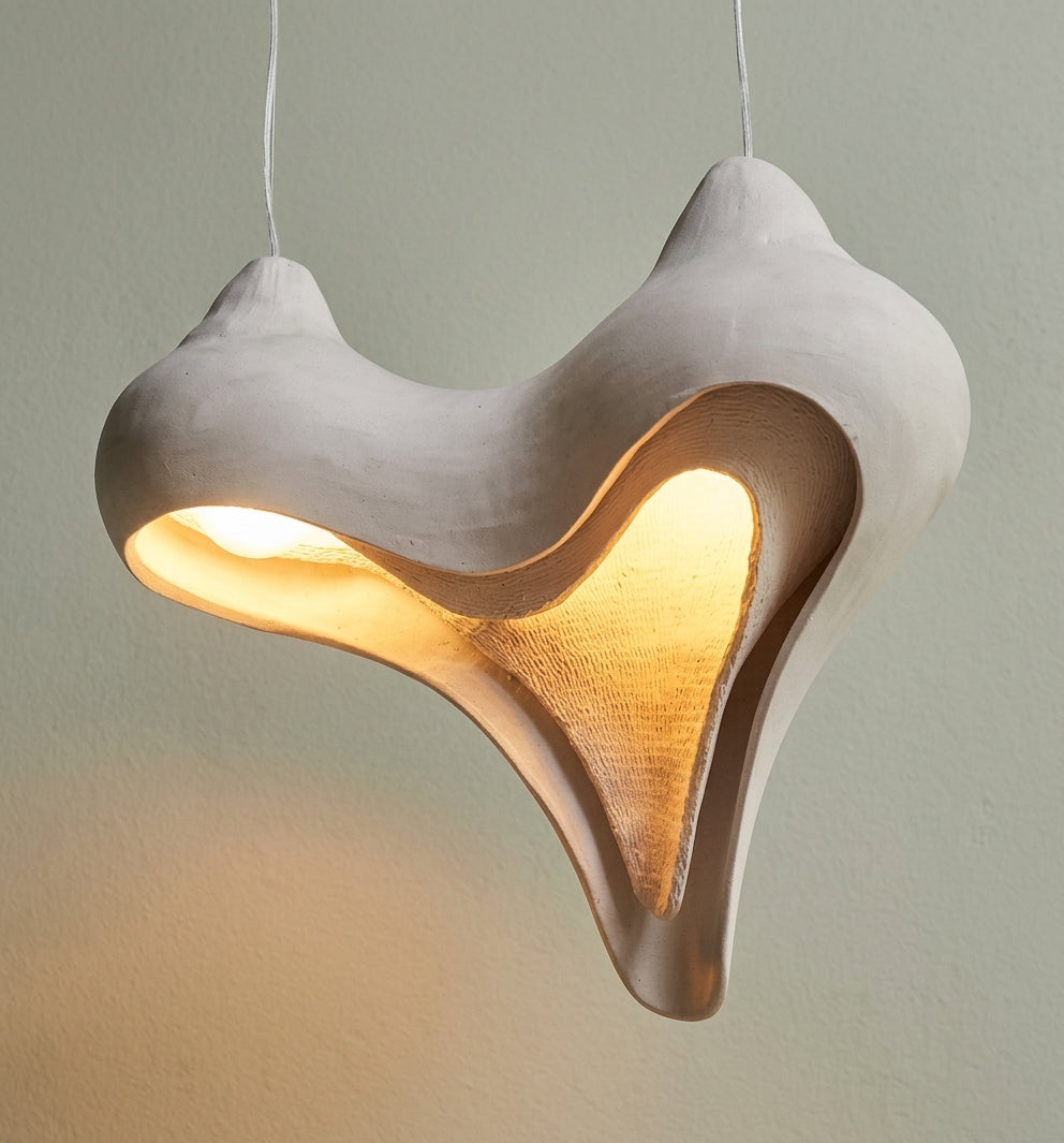 Heart conch pendant light pair with glowing warm bulbs inside, white outer shades