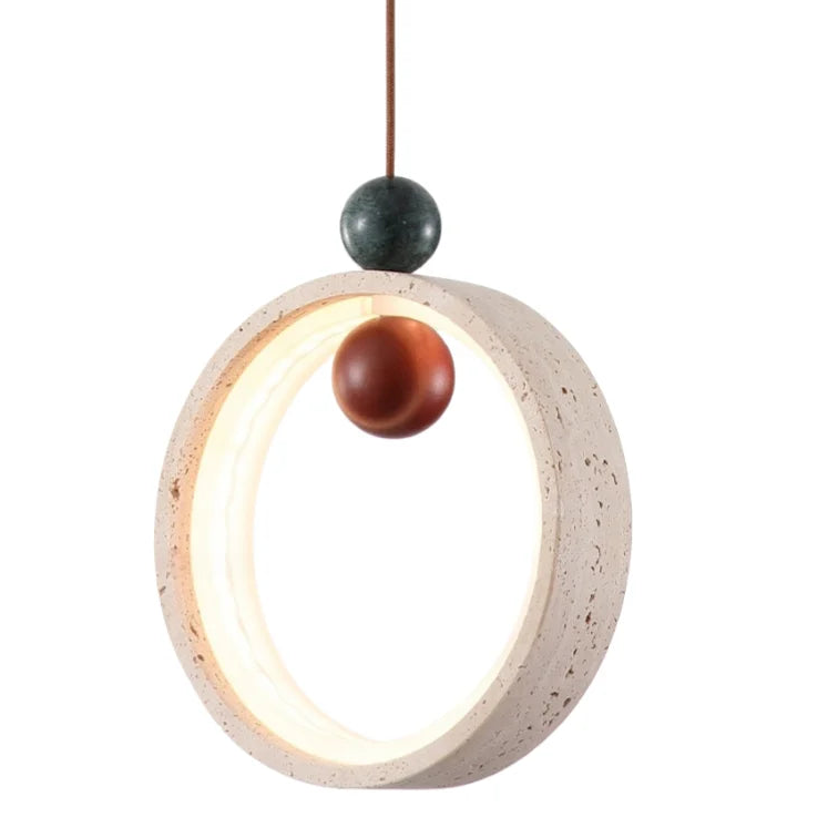 Circular halo pendant light with textured travertine ring and warm inner glow