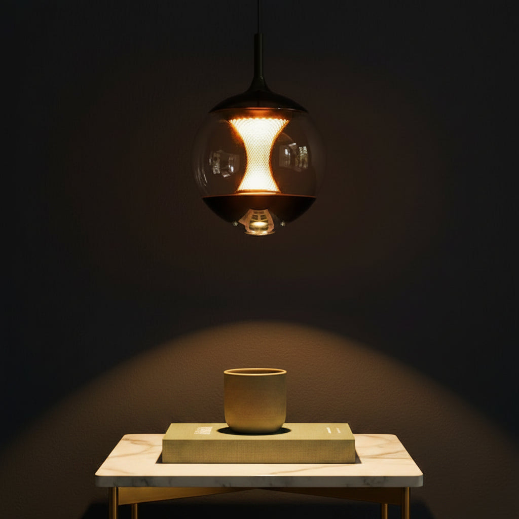 Hourglass globe pendant light with clear glass shade and warm amber mesh core