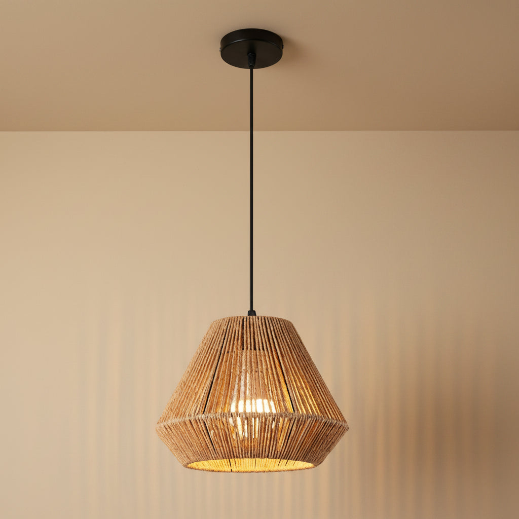 Rope-woven trapezoid pendant light with black ceiling mount and hanging cord