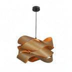 Wood pendant lamp diagram showing hanging cord and labeled dimensions, adjustable height.
