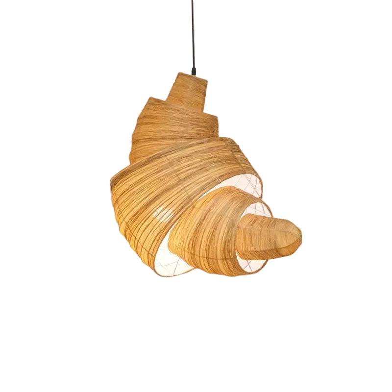 Brown woven layered pendant light with a curved horn-style shade and hanging cord